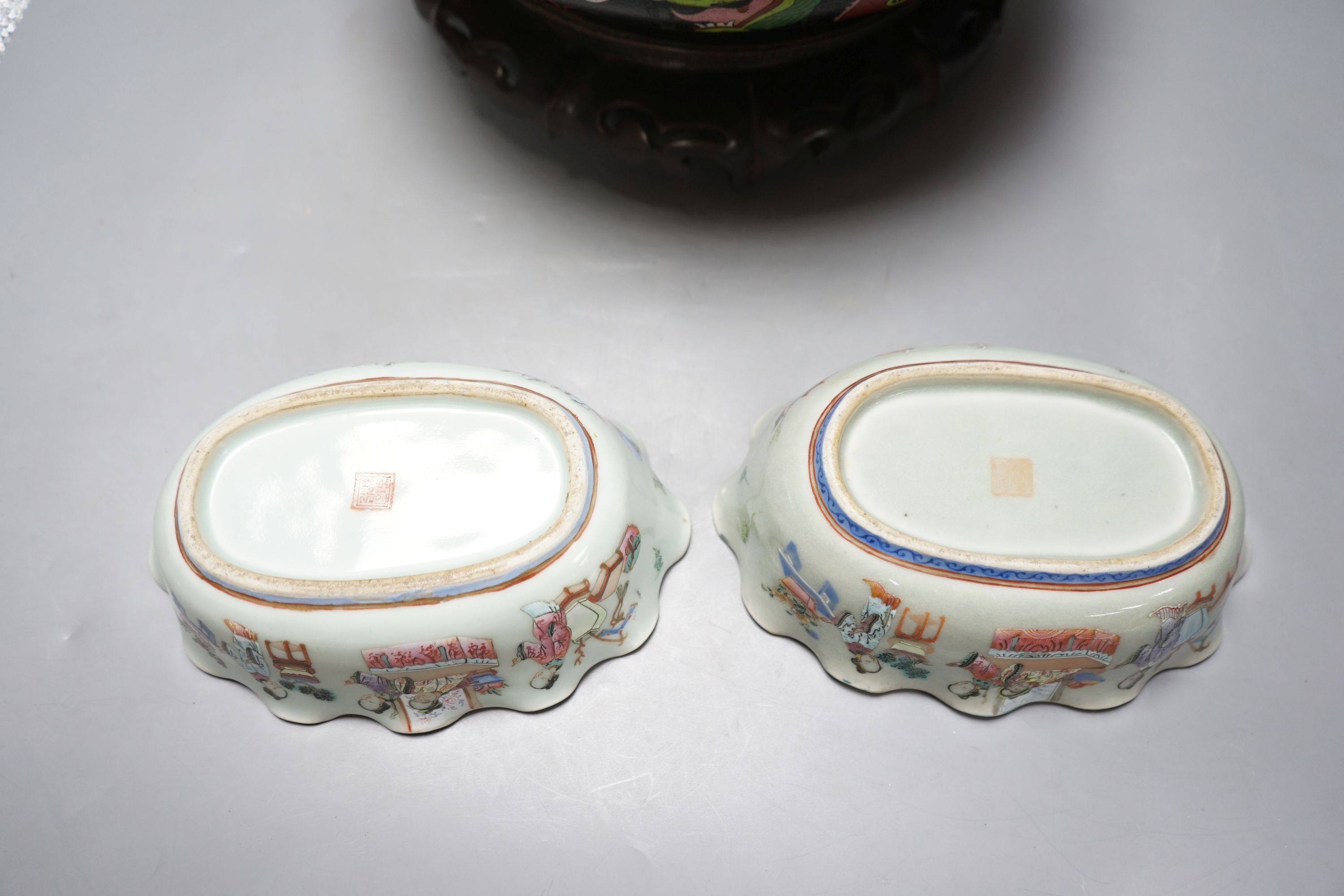 A large early 20th century Chinese cloisonné enamel ‘dragon’ bowl and two Chinese Tongzhi celadon ground famille rose bowls 31cm